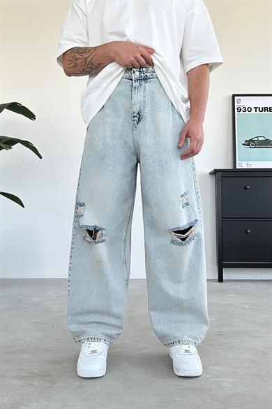 Buz Mavi Dizi Yırtık Ekstra Bol Baggy Pantolon