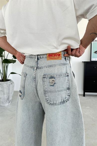 Buz Mavi Dizi Yırtık Ekstra Bol Baggy Pantolon