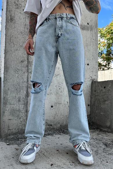 Buz Mavi Dokulu Buz Mavi Diz Yırtık Detay GD 43 Baggy Pantolon