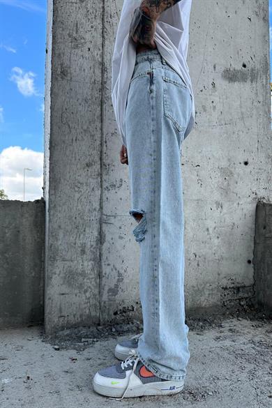 Buz Mavi Dokulu Buz Mavi Diz Yırtık Detay GD 43 Baggy Pantolon