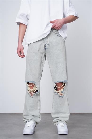 Buz Mavi Eskitme Buz Mavi Yırtık Detay GD 38 Baggy Pantolon