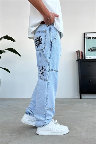 Buz Mavi Graffiti Baskı Detay Baggy Pantolon