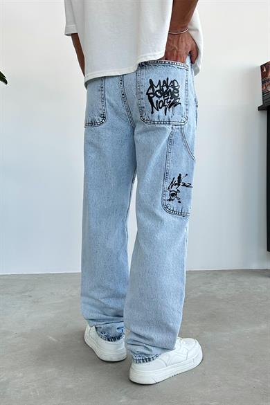 Buz Mavi Graffiti Baskı Detay Baggy Pantolon