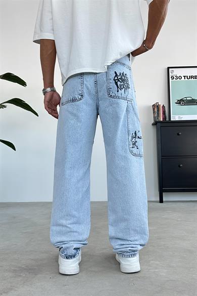 Buz Mavi Graffiti Baskı Detay Baggy Pantolon