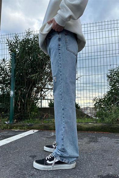 Buz Mavi Minimal Yırtık Detay DF Baggy Pantolon