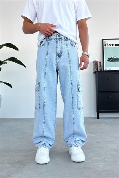 Buz Mavi Ön Tasarım Cepli Baggy Pantolon