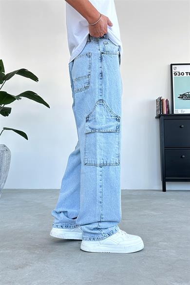 Buz Mavi Ön Tasarım Cepli Baggy Pantolon