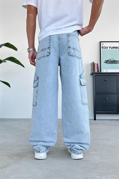 Buz Mavi Ön Tasarım Cepli Baggy Pantolon