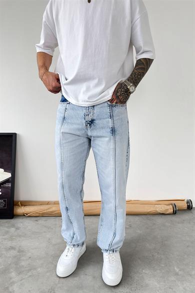 Buz Mavi Ön Tasarım Çımalı Baggy Pantolon