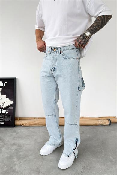 Buz Mavi Paça Fermuar Detay Baggy Pantolon