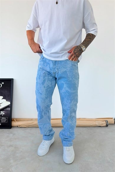 Buz Mavi Premium Baskılı Baggy Pantolon