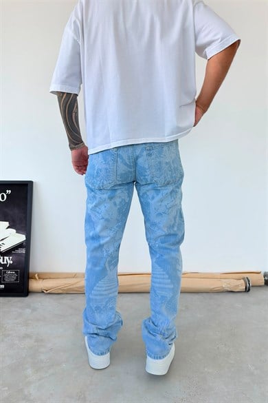 Buz Mavi Premium Baskılı Baggy Pantolon