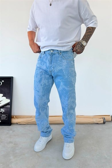 Buz Mavi Premium Baskılı Baggy Pantolon