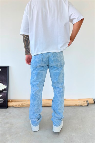 Buz Mavi Premium Lazer Baskılı Baggy Pantolon