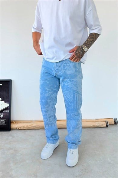 Buz Mavi Premium Urban Style Baskılı Baggy Pantolon