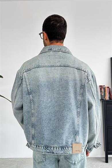 Buz Mavi Tasarım Cepli Oversize Kot Ceket