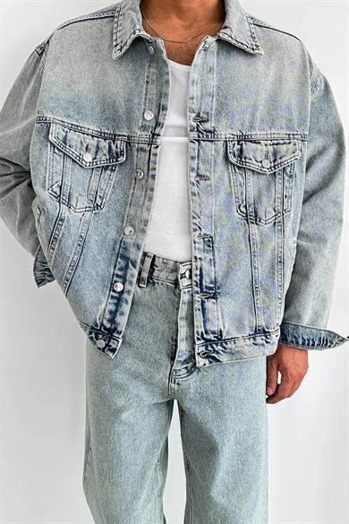 Buz Mavi Tasarım Cepli Oversize Kot Ceket
