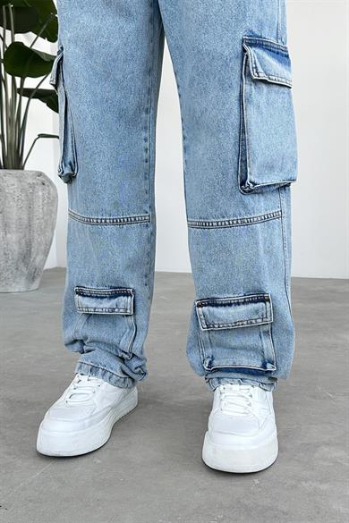Buz Mavi Tasarım Çift Cepli Baggy Pantolon