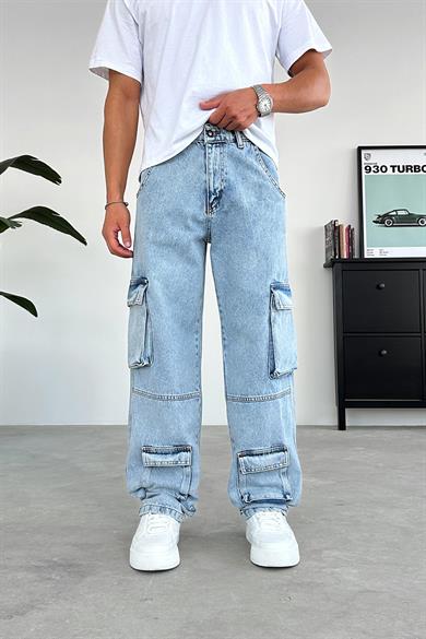 Buz Mavi Tasarım Çift Cepli Baggy Pantolon