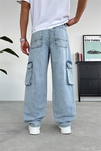 Buz Mavi Tasarım Çift Cepli Baggy Pantolon