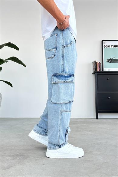 Buz Mavi Tasarım Çift Cepli Baggy Pantolon