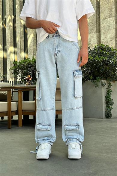 Buz Mavi Tasarım Çift Cepli R5 DL Paçası Ayarlanabilir Baggy Pantolon