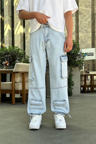 Buz Mavi Tasarım Çift Cepli R5 DL Paçası Ayarlanabilir Baggy Pantolon