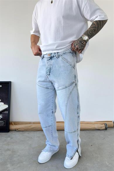 Buz Mavi Tasarım Paça Fermuar Detay Baggy Pantolon