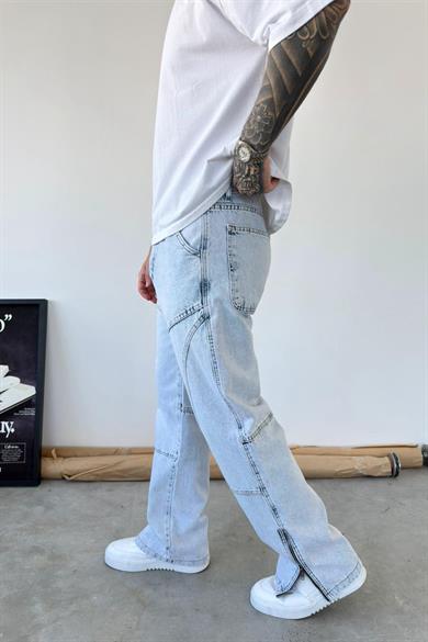 Buz Mavi Tasarım Paça Fermuar Detay Baggy Pantolon