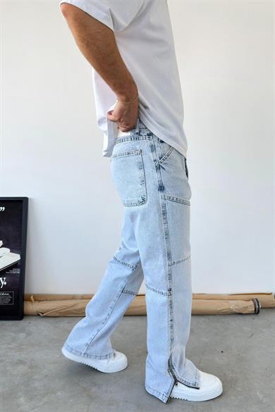 Buz Mavi Tasarım Paça Fermuar Detay Baggy Pantolon