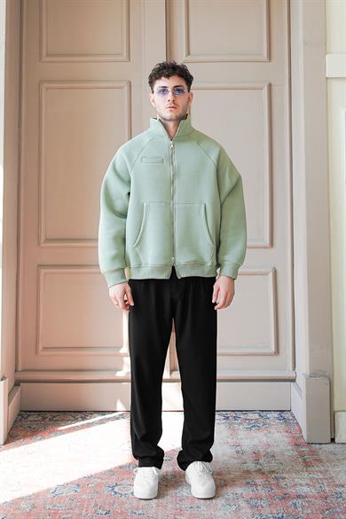 Buz Yeşil Cozy Basic Çift Fermuar Oversize Sweatshirt