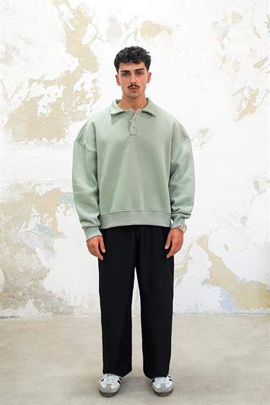 Buz Yeşil Cozy Basic Oversize Polo Yaka Sweatshirt
