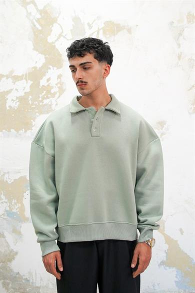 Buz Yeşil Cozy Basic Oversize Polo Yaka Sweatshirt