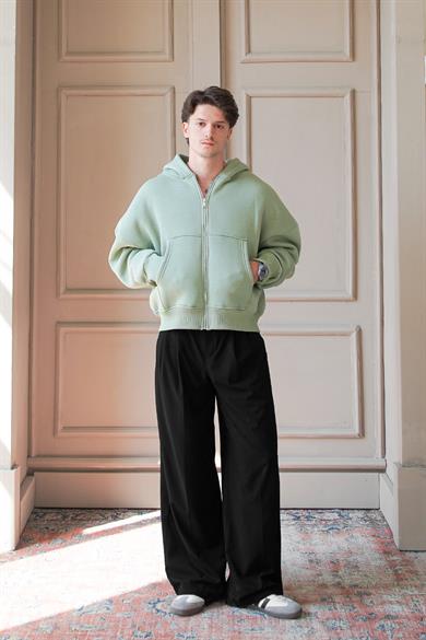 Buz Yeşil Cozy Basic Tam Fermuar Oversize Sweatshirt