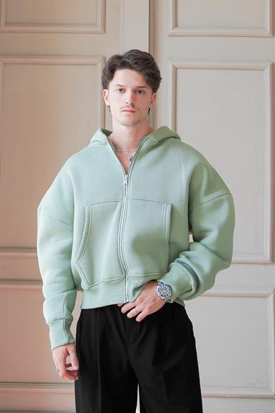 Buz Yeşil Cozy Basic Tam Fermuar Oversize Sweatshirt