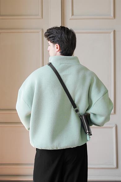 Buz Yeşil Cozy Basic Yarım Fermuar Oversize Sweatshirt