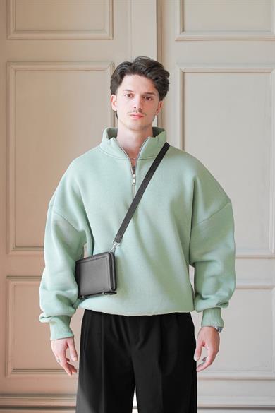 Buz Yeşil Cozy Basic Yarım Fermuar Oversize Sweatshirt