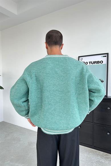 Buz Yeşil V Yaka Triko Oversize Kazak