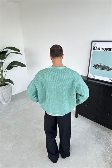 Buz Yeşil V Yaka Triko Oversize Kazak