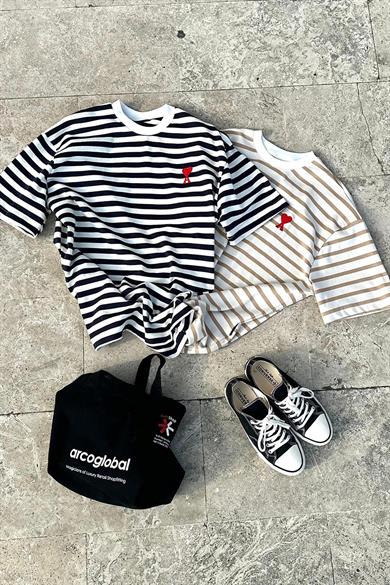 Çok Renkli Çizgili Old Money ALOVE BS Oversize Tişört