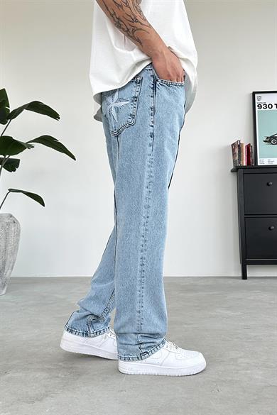 Dokulu Buz Mavi Çımalı Crtz Nakış Detay Baggy Pantolon