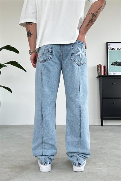Dokulu Buz Mavi Çımalı Crtz Nakış Detay Baggy Pantolon