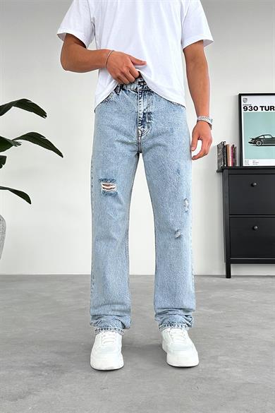 Dokulu Buz Mavi Minimal Yırtık Detay Baggy Pantolon