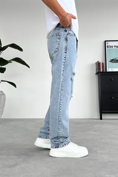Dokulu Buz Mavi Minimal Yırtık Detay Baggy Pantolon
