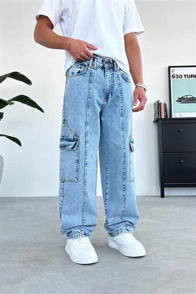 Dokulu Buz Mavi Ön Tasarım Cepli Baggy Pantolon