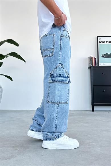 Dokulu Buz Mavi Ön Tasarım Cepli Baggy Pantolon