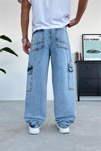 Dokulu Buz Mavi Ön Tasarım Cepli Baggy Pantolon