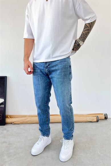 Dokulu Mavi Basic Boyfriend Pantolon