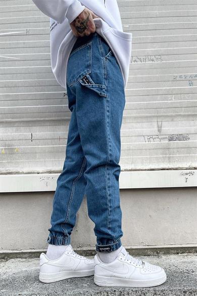 Dokulu Mavi Gri Dokulu Kar Yıkama Paça Lastik Detay Boyfriend Jean