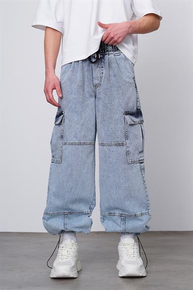 Dokulu Mavi Tasarım Kargo Beli Lastikli Paçası Ayarlanabilir Z3 GD Baggy Pantolon